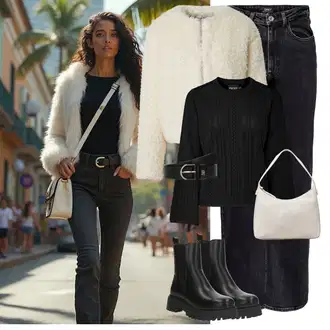 Zvonové kalhoty Outfit s Černá Džíny Džín s Širokou Nohavicí/Zvonové Džíny/High Waist Džínové Kalhoty/Zimní bunda/Džíny s Rozparkem/Vintage Džíny/Džíny Volného Střihu/Pánské tričko Only "Módní zimní outfit"