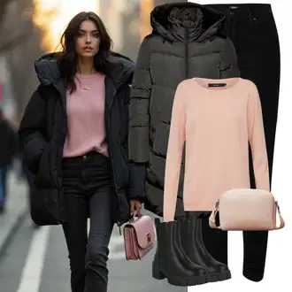 S zakovicama Outfit sa Crna Chelsea Gležnjača/Gumena Gležnjača/Ravna Gležnjača/Podstavljena Gležnjača/Kožna Jakna About You "Savršen za zimu"Look: S zakovicama, Hodanje, Jahanje, Skating