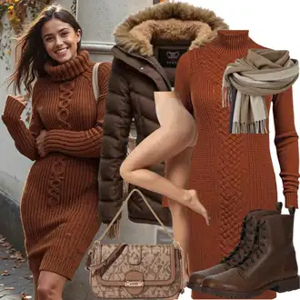 Outfity na zimu s Hnědá/Béžová/Oranžová Svetrové Šaty/Šaty S Rolákem/Pletené Šaty/Zimní Pletené Šaty Mango "Perfektní pro zimu"