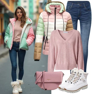 Atraktivní outfity Zima s Růžová edoti, Bílá/Krémová Chelsea Boty/Plochá Kotníková Bota/Gumová Kotníková Bota/Kožená bunda Raid "Pohodlný Zimní Outfit"