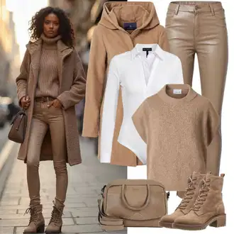 Zimske Outfiti Stari denar mit Rjava/Bela/Bež/Krem Pulover z ovratnikom/Pulover brez hrbta/Pulover iz Kašmirja/Women's Pullovers with Stand-up Collar/Pulover Carmen/Pleteni Pulover/Pulover iz Kašmirja/Fini Pleteni Pulover morgan "Popolno za zimo"Look: Kolo, Oven, Transparent, Brez šivov, Egirl, Eleganten, Stari denar