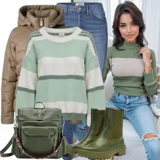 Jesenske Outfiti Debel mit Bela/Zelena/Metino zelena/Rjava/Modra/Škrlatna/Oranžna Črtasti Pulover/Pleteni Pulover/Pulover Carmen hollister co. "Popolno za zimo"