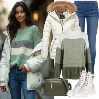 Zimske Outfiti Kratka mit Bela/Zelena/Metino zelena/Rjava/Modra/Škrlatna/Oranžna Črtasti Pulover/Pleteni Pulover/Pulover Carmen hollister co., Krem/Bela/Bež Zimska Jakna/Napihnjena Jakna/Trajnostna Jakna/Poletna Jakna/Prešita Jakna/Puhovka Armani Exchange "Popolno za zimo"