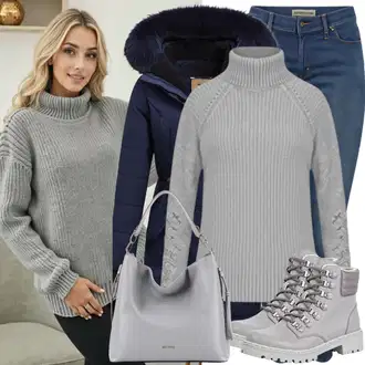 Kombinacije za golf Zima sa Siva/Svjetlosiva/Srebro Čizma sa šljokicama/Čizma s Gliterima About You, Tamnoplava Prošivena Jakna/Izuzetna jakna/Jesenska jakna/Pernata Jakna/Zimska Parka/Jakna s Kapuljačom/Zimska Jakna/Puferica Jakna/Donja Jakna Navahoo "Savršeno za zimu"