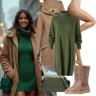 Outfit sa Tirkizna/Tamnozelena/Zeleno Pletena Haljina/Džemper Haljina/Haljina S Visokim Ovratnikom/Zimska Haljina Zimska Pletena Haljina Only "Savršeno za zimu"