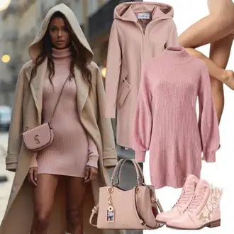 Outfit sa Ljubičasta/Smeđa/Kaki/Bež/Pink Džemper Haljina/Duga pletena haljina/Haljina S Visokim Ovratnikom/Zimska Haljina Zimska Pletena Haljina bershka "Savršeno za zimu"