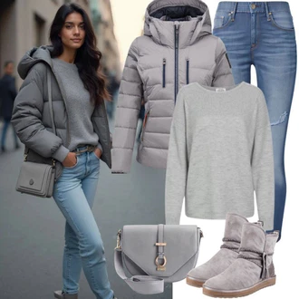Outfit s Zlatý/Béžová/Hnědá/Šedá Klasická kozačka/Plochá Kotníková Bota/Kozačka se zipem/Kotníková Bota s Podšívkou/Ovčí Kožešinová Bota/Vycpaná kozačka/Zimní Kozačka z jehněčí kůže kesi "Skvělý zimní outfit"