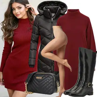 Outfity na zimu s Červená/Oranžová Pletené Šaty/Svetrové Šaty/Šaty S Rolákem/Zimní Pletené Šaty JdY "Stylový Zimní Outfit"