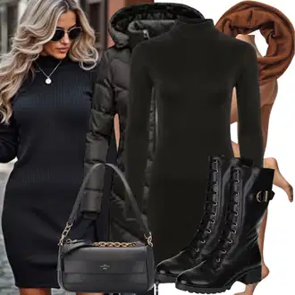 Outfit sa Siva/Crna/Zeleno/Tamnosiva/Žuta Pletena Haljina/Platnena Haljina Dugih Rukava/Džemper Haljina/Haljina s Kapuljačom/Zimska Haljina dugih rukava/Haljina S Printom koroshi "Trendi zimski izgled"
