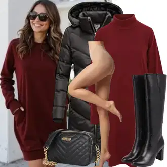 Outfity na zimu s Vínová/Červená/Tmavě červená/Fialová Zimní Pletené Šaty/Pletené Šaty/Svetrové Šaty/Šaty s Páskem/Šaty S Rolákem/Zimní šaty s dlouhým rukávem Ragwear "Trendový zimní vzhled"