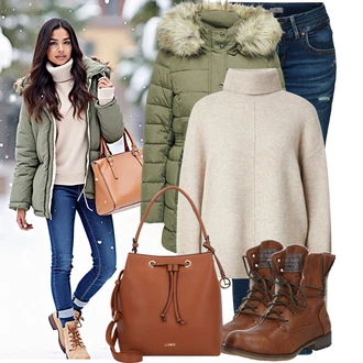 Umělá kožešina Outfit s Zelená/Tmavě zelená/Khaki Only "Stylový zimní outfity"