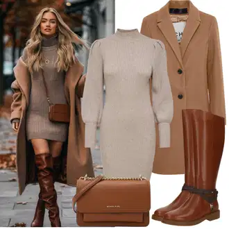 Outfity na zimu s Béžová/Šedá/Hnědá/Khaki Svetrové Šaty/Šaty S Rolákem/Pletené Šaty/Zimní Pletené Šaty Only "Zimní Outfity"