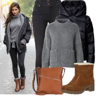 Outfity na zimu s Černá/Tmavě šedá Skinny Kalhoty/Jeggings/Džínové Legíny VERO MODA "Zimní Outfity"