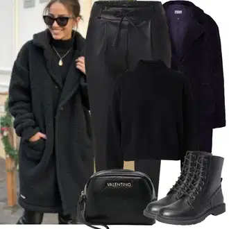 Outfit s Černá/Tmavě modrá/Fialová Kožich Kabát/Teddy Kabát About You "Zimní Outfity"
