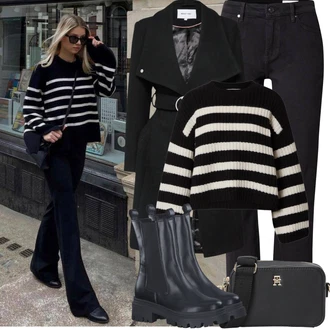 Volejbal Outfit s Černá/Hnědá/Žlutá/Bílá Pletený Svetr/Crop Svetr/Hrubě pletený svetr/Pruhovaný Svetr Edited "Zimní Outfity"Look: Volný čas, Hokej, Ragby, Volejbal