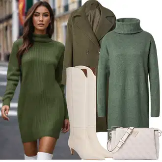 Outfity na podzim s Béžová/Bílá/Khaki Dlouhá Kozačka/Kozačka po Kolena/Kozačka nad Kolena/Vintage kozačka/Špičatá Kozačka About You "Zimní Outfity"
