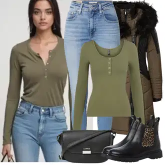 Mom Outfit s Tmavě zelená/Hnědá/Khaki Zimní Kabát/Kabát s Kožešinovým límcem/Péřový Kabát/Dlouhý Péřový Kabát/Parka Only "Zimní Outfity"Look: Blokování barev, Moderní, Mom, Venkovní