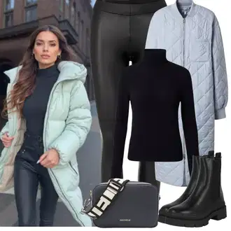 S zakovicama Outfit sa Crna Chelsea Gležnjača/Ravna Gležnjača/Kožna Jakna About You "Zimske Odjeće"Look: S zakovicama, Jahanje, Hodanje, Skating