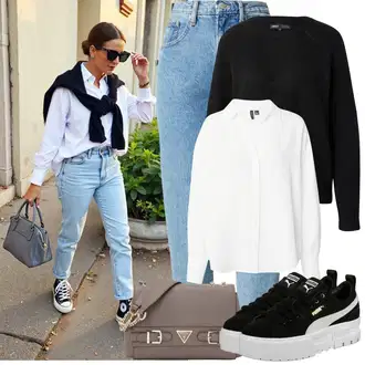 Kombinacije s "mom" trapericama Stil sa Svjetloplava/Plava Mom Jean/High Waist Traperice/Boyfriend Jeans/Vrećaste Traperice/Girlfriend Traperice/Dad Traperice/Skraćene Traperice/Vintage traperice/Sužene Traperice, Bijela/Krem Bodija Bluze/Bluza s zakrpom na laktu/Poslovna Bluza/Bluza Dugih Rukava/Bluza s Podignutim Ovratnikom/Oversize Bluza/Slip-on Bluza/Oversize Mušlinova Bluzica/Bluza s gumbom/Crash bluza/Bluza koja se ne pegla VERO MODA "Zimske Odjeće"