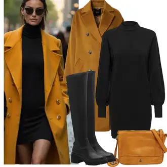 Mom Outfit s Žlutá/Hnědá/Oranžová Přechodový Kabát/Midi Kabát/Vintage Kabát/Kabát z Kabanosu/Kašmírový Kabát/Zimní Kabát Vlněný kabát/Vlněný Kabát/Oversize Kabát Masai "Zimní Outfity"Look: Klasické, 90tá léta, Francouzské, Irský, Moderní, Mom, Chytrý příležitostný, Univerzitní, Pracovní oděvy