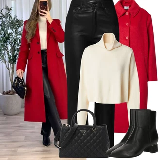Outfit s Černá/Hnědá/Oranžová Kožená Kalhoty/Zvonová Kalhoty Kožené Zvonové Kalhoty/Kalhoty s nášivkou uprostřed/Kalhoty z Umělé Kůže/Kalhoty se Štěrbinou/Culotte Kalhoty Edited "Zimní Outfity"
