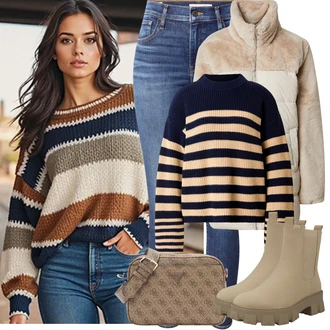 Outfit s Hnědá/Béžová/Khaki Chelsea Boty/Kožená bunda/Plochá Kotníková Bota/Gumová Kotníková Bota About You "Zimní Outfity"