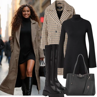 Outfit s Černá Bota se širokým nohavici/Kozačka po Kolena/Plochá kozačka nad koleno/Jezdecká Bota/Klasická kozačka/Dlouhá Kozačka/Bota na klínku/Bota na Platformě/Kozačka se zipem/Ovčí Kožešinová Bota About You "Zimní Outfity"