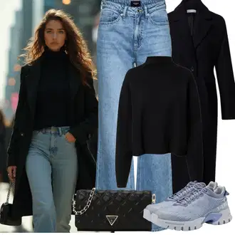 Zvonové kalhoty Outfit s Světle modrá/Modrá Džíny High Waist Džínové Kalhoty/Džíny Culottes/Džín s Širokou Nohavicí/Džíny Volného Střihu/Džíny s Rozparkem/Zvonové Džíny/Vintage Džíny/Baggy Džíny/Pánské tričko VERO MODA "Zimní Outfity"