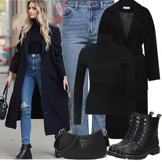 Prošívaný Outfit s Černá Šněrovací Kotníková Bota/Kožená bunda/Vycpaná kozačka/Gumová Kotníková Bota/Bojová Bota/Klasická kozačka/Plochá Kotníková Bota/Kozačka se zipem About You "Zimní Outfity"
