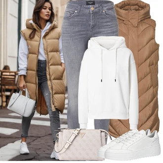 Outfit s Krémová/Bílá Dámský Svetr/Svetr s kapucí/Unisex Mikina S Kapucí/Sportovní mikina/Pletená mikina s kapucí/Oversize mikina/Svetr S Kapucí/Originální mikina/Mikina Cars Jeans "Zimní Outfity"