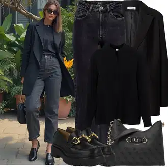 Stil, Western Outfit sa Crna Bluza s Podignutim Ovratnikom/Poslovna Bluza/Bluza s gumbom/Kožna jakna za muškarce/Bluza Dugih Rukava Seidensticker "Zimske Odjeće"Look: GoGo, Stil, Radna odjeća, Ležerno, Ured