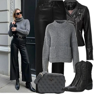Outfit s Černá/Hnědá/Oranžová Kožená Kalhoty/Zvonová Kalhoty Kožené Zvonové Kalhoty/Kalhoty s nášivkou uprostřed/Kalhoty z Umělé Kůže/Kalhoty se Štěrbinou/Culotte Kalhoty Edited "Zimní Outfity"