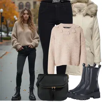 S zakovicama Outfit sa Crna Chelsea Gležnjača/Kožna Jakna/Ravna Gležnjača/Podstavljena Gležnjača/Motociklistička čizma Tamaris "Zimske Odjeće"Look: Skating, Jahanje, Trekking, Hodanje, S zakovicama