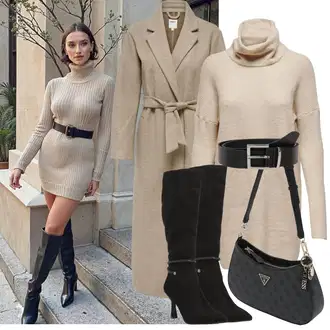 Outfit sa Bež/Bijela/Kaki/Smeđa Pletena Haljina/Haljina S Visokim Ovratnikom/Zimska Haljina Zimska Pletena Haljina/Džemper Haljina Only "Zimske Odjeće"