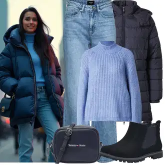 Zvonové kalhoty Outfit s Světle modrá/Modrá Džíny High Waist Džínové Kalhoty/Džíny Culottes/Džín s Širokou Nohavicí/Džíny Volného Střihu/Džíny s Rozparkem/Zvonové Džíny/Vintage Džíny/Baggy Džíny/Pánské tričko VERO MODA "Zimní Outfity"