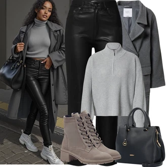 Outfit s Černá/Hnědá/Oranžová Kožená Kalhoty/Zvonová Kalhoty Kožené Zvonové Kalhoty/Kalhoty s nášivkou uprostřed/Kalhoty z Umělé Kůže/Kalhoty se Štěrbinou/Culotte Kalhoty Edited "Zimní Outfity"