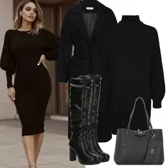 Outfit sa Crna Haljina S Visokim Ovratnikom/Zimska Haljina Zimska Pletena Haljina/Duga pletena haljina/Džemper Haljina Noisy may "Zimske Odjeće"