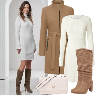 Kovbojka Outfit s Hnědá/Béžová/Šedá Kozačka po Kolena/Klasická Kozačka/Kozačka Na Podpatku/Špičatá Kozačka/Bota se širokým nohavici/Dlouhá Kozačka About You "zimní outfit"Look: Elegantní, Cool, Kovbojka, Old Money, Western