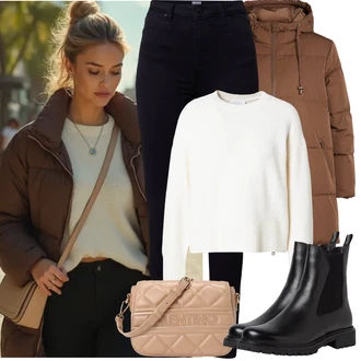Outfit s Černá/Tmavě modrá Kožená bunda/Motorkářské Džíny/Zimní bunda/High Waist Džínové Kalhoty/Kožené Boty/Termální Džíny Mustang "Zimní Outfity"
