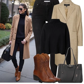 Outfit s Černá/Tmavě šedá Slim Fit Džíny/High Waist Džínové Kalhoty/Motorkářské Džíny/Push up Džín/Kožené Boty/Džíny s Rozparkem/Kožená bunda/Termální Džíny/Zimní bunda Vila "Zimní Outfity"