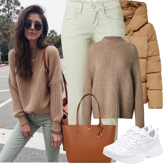 Outfity na zimu s Světle zelená/Khaki Slim Fit Džíny/Dámské Džíny s Délkou 7/8/Capri Džíny/Kožená bunda/Kotníková Bota/Zkrácené Džíny Gang "Zimní Outfity"
