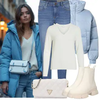Ležerno Outfit sa Plava/Svjetloplava Traper Tajice/Jeggings/Skinny Hlače VERO MODA "Zimske Odjeće"Look: Stil, Rap, Ležerno, moderne, Disko, Prekrasan, cool, Old Money, Običan