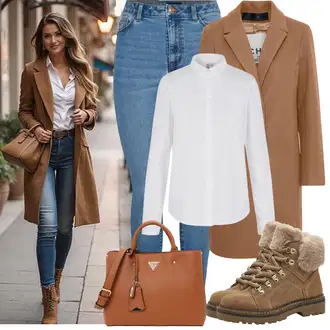 klasický Outfit sa Plava/Svjetloplava Kožna Jakna/Push-up Traperice/High Waist Traperice/Kožne Cipele/Zimska jakna Pieces "Zimske Odjeće"Look: Stil, Rap, Običan, cool, klasický, Old Money, Prekrasan, 90-ich