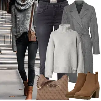 Outfity na zimu s Tmavě šedá/Šedá/Tmavě modrá/Světle šedá Slim Fit Džíny/Dámské Džíny s Délkou 7/8/Džíny s Rozparkem/Kožená Pánská Bund/Džíny Regular Fit/Sportovní boty/Kotníková Bota/Kožené Boty/Kožená bunda/Capri Džíny/Zkrácené Džíny/Zimní bunda/Termální Džíny Gang "Zimní Outfity"