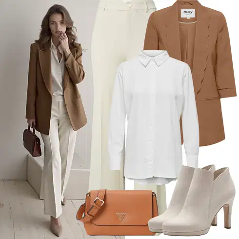 Kombinace Khaki/Béžová Palazzo Kalhoty/Kalhoty Bootcut/Kalhoty s Vysokým Pasem/Obleková Kalhoty/Zvonová Kalhoty/Mušelínové kalhoty/Kalhoty s nášivkou uprostřed/Rozšířená Kalhoty/Marlene Kalhoty/Kalhoty se Štěrbinou about you x laura giurcanu