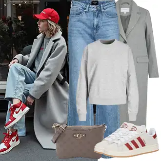 Zvonové kalhoty Outfit s Světle modrá/Modrá Džíny High Waist Džínové Kalhoty/Džíny Culottes/Džín s Širokou Nohavicí/Džíny Volného Střihu/Džíny s Rozparkem/Zvonové Džíny/Vintage Džíny/Baggy Džíny/Pánské tričko VERO MODA "Zimní Outfity"