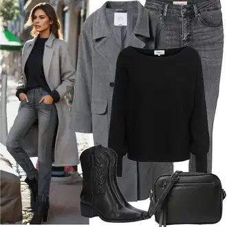 Outfity na zimu s Šedá/Světle šedá/Tmavě šedá Džíny Kožená bunda/Zimní bunda/Zkrácené Džíny/Kožené Boty/Džíny s Rozparkem/Push up Džín/Kotníková Bota/Džíny s Nízkým Sedem/Dámské Džíny s Délkou 7/8/Slim Fit Džíny VERO MODA "Zimní Outfity"