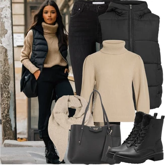 Outfit s Černá/Tmavě šedá Slim Fit Džíny/High Waist Džínové Kalhoty/Motorkářské Džíny/Push up Džín/Kožené Boty/Džíny s Rozparkem/Kožená bunda/Termální Džíny/Zimní bunda Vila "Zimní Outfity"