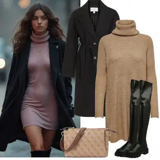 Outfity na podzim s Černá Plochá kozačka nad koleno/Kozačka po Kolena/Kozačka nad Kolena/Kožená Kozačka nad Koleno/Dlouhá Kozačka About You "Zimní Outfity"
