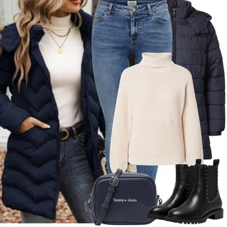 Sportovní Svátost oltářní Outfit s Modrá/Tmavě modrá/Světle modrá About You "Zimní Outfity"Look: Nadrozměrné, Sportovní, Mom, Příliš oblečený, Venkovní, Bar, Škola, Koncert, Nový Rok, Svátost oltářní, Galavečer